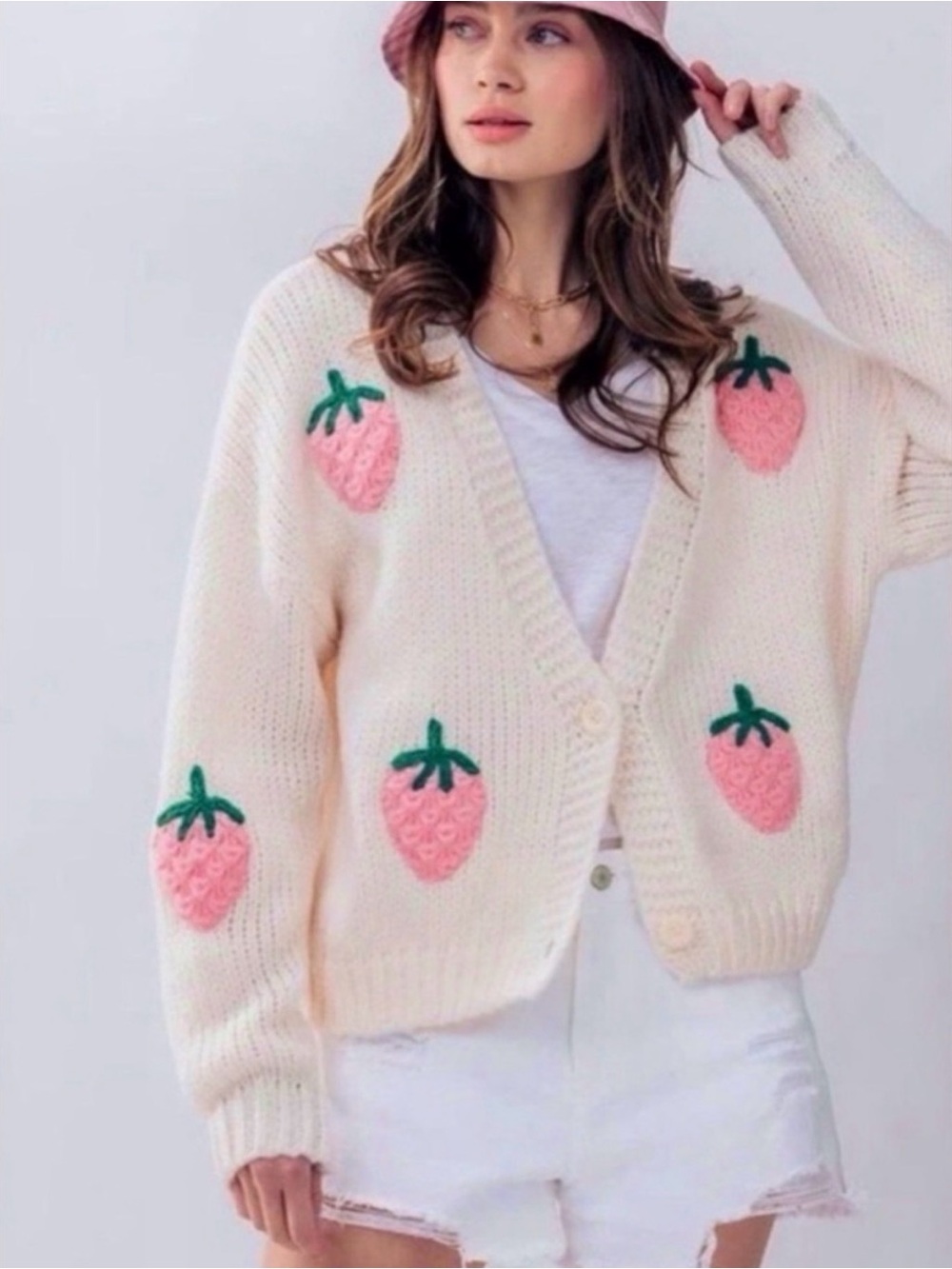 Dreamers Cream V-Neck Cardigan with Pink Strawberry Embellishments